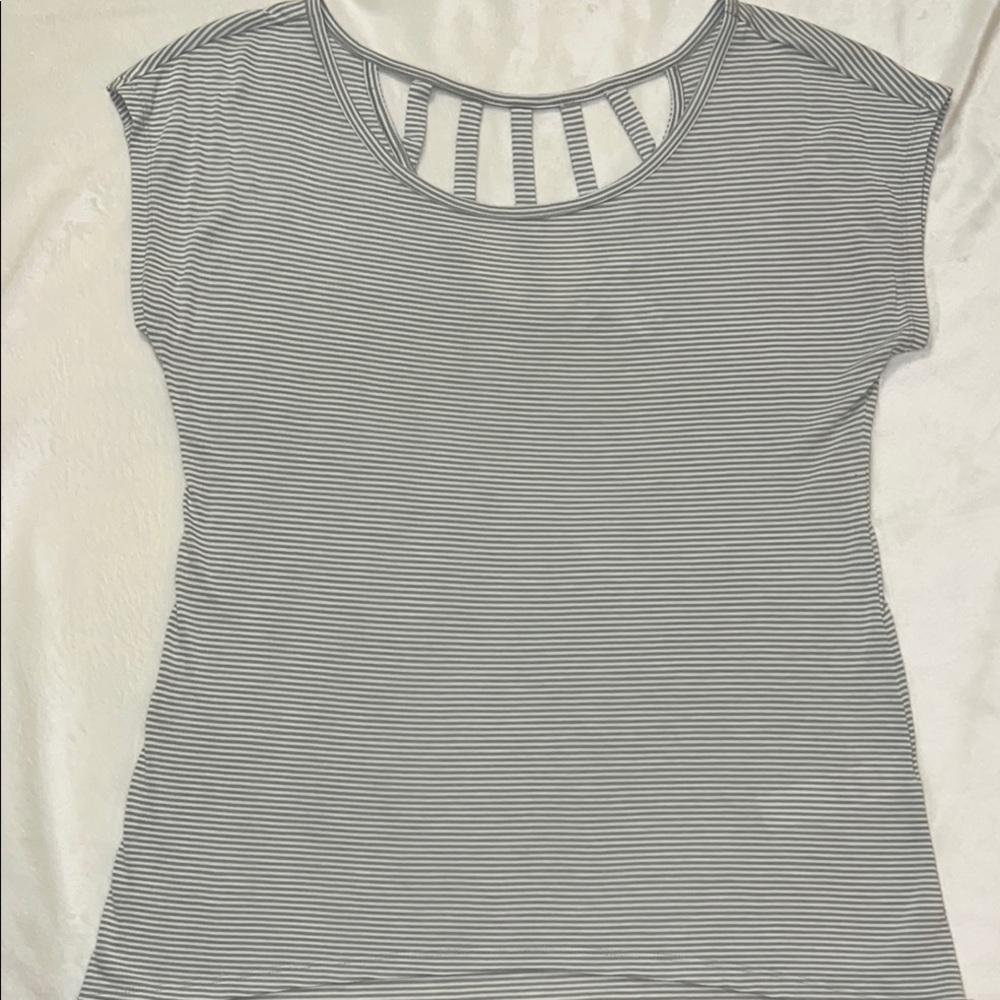 White House Black Market Green and White Cut Out Short Sleeve Top